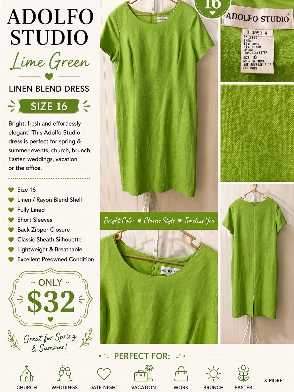 💚 Adolfo Studio Lime Green Linen Blend Dress – Size 16 💚 - Picture 1 of 4